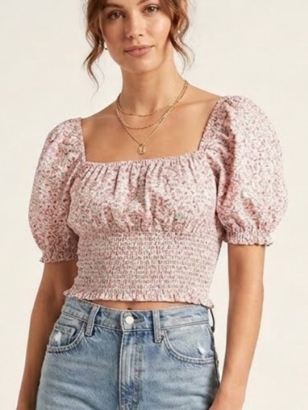 No Frills Pink Ditsy Floral Smocked Crop Top Puff-sleeve Cottagecore Milkmaid S